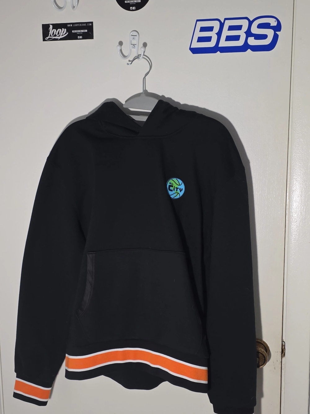 Just Don Black Crewneck Hoodie with Orange & White Stripe